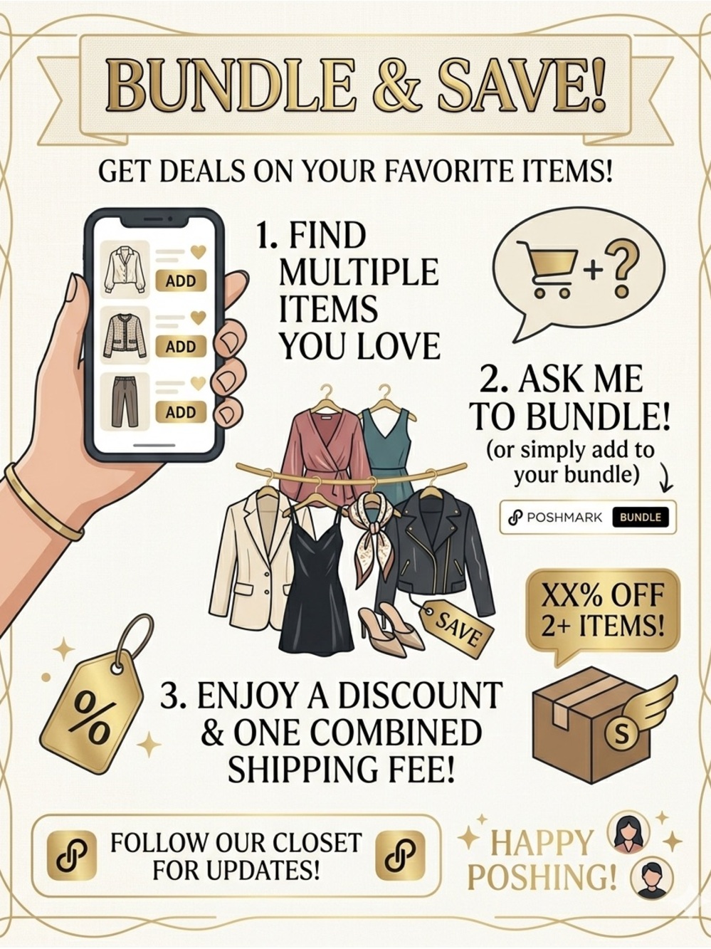 Poshmark Bundle & Save Promotional Graphic - Cream, Gold, Black